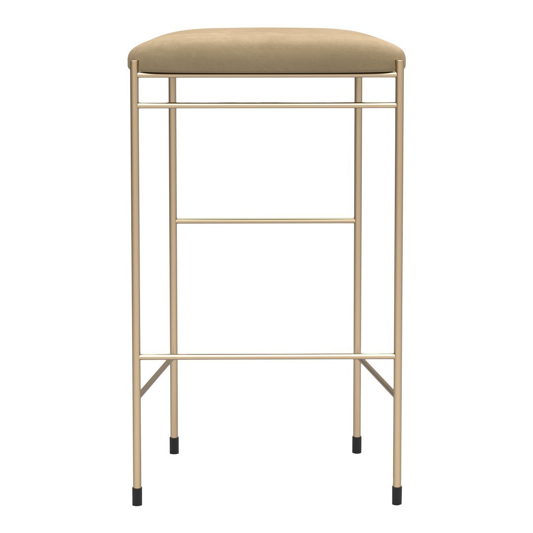 Beige upholstered bar stool with a sleek gold frame and black feet accents. Simple, modern design.