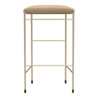Beige upholstered bar stool with a sleek gold frame and black feet accents. Simple, modern design.