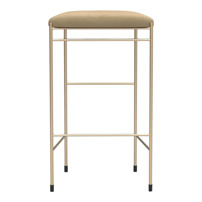 Beige upholstered bar stool with a sleek gold frame and black feet accents. Simple, modern design.
