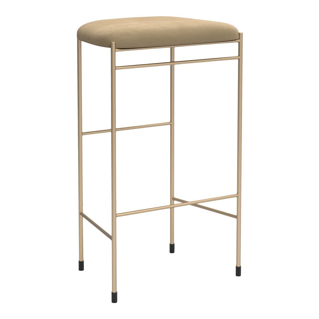 Gold metal barstool with a smooth beige cushioned seat, featuring a minimalist design without patterns.