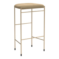 Gold metal barstool with a smooth beige cushioned seat, featuring a minimalist design without patterns.