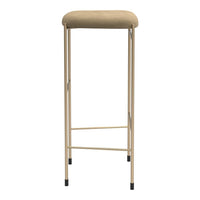 Beige upholstered stool with a sleek gold metal frame and simple design, perfect for modern decor.