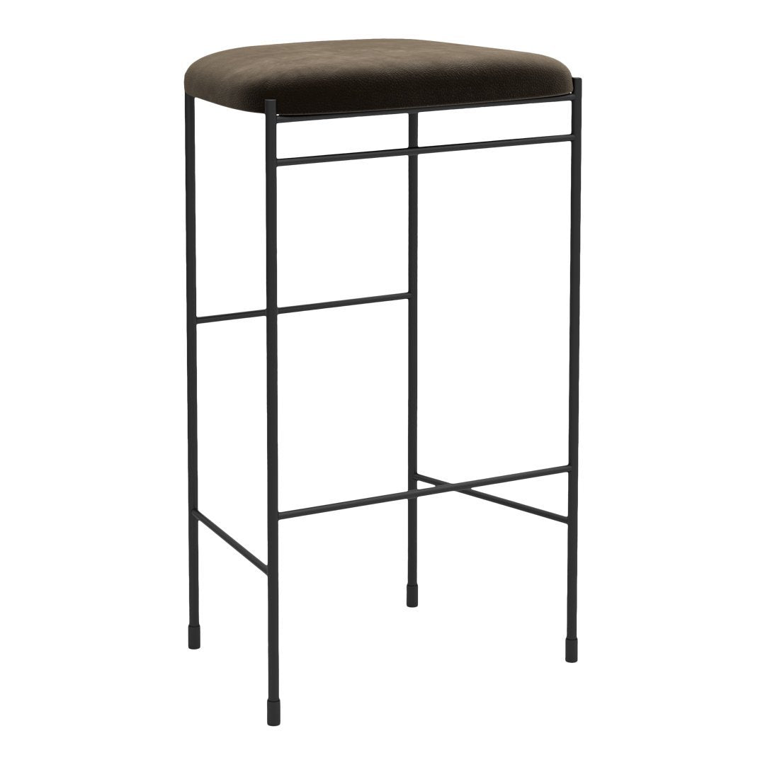 Dark brown padded bar stool with a sleek black metal frame, featuring a minimalist design.
