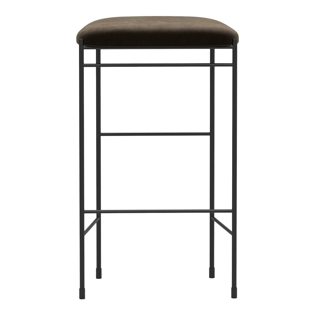 Brown upholstered bar stool with a sleek black metal frame and simple geometric pattern. Perfect for modern decor.