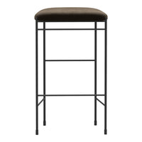 Brown upholstered bar stool with a sleek black metal frame and simple geometric pattern. Perfect for modern decor.