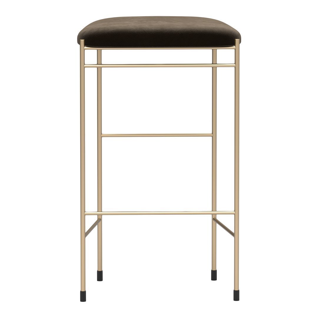Gold metal frame bar stool with a dark brown upholstered seat. Simple, modern design with a sleek finish.