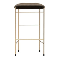 Gold metal frame bar stool with a dark brown upholstered seat. Simple, modern design with a sleek finish.