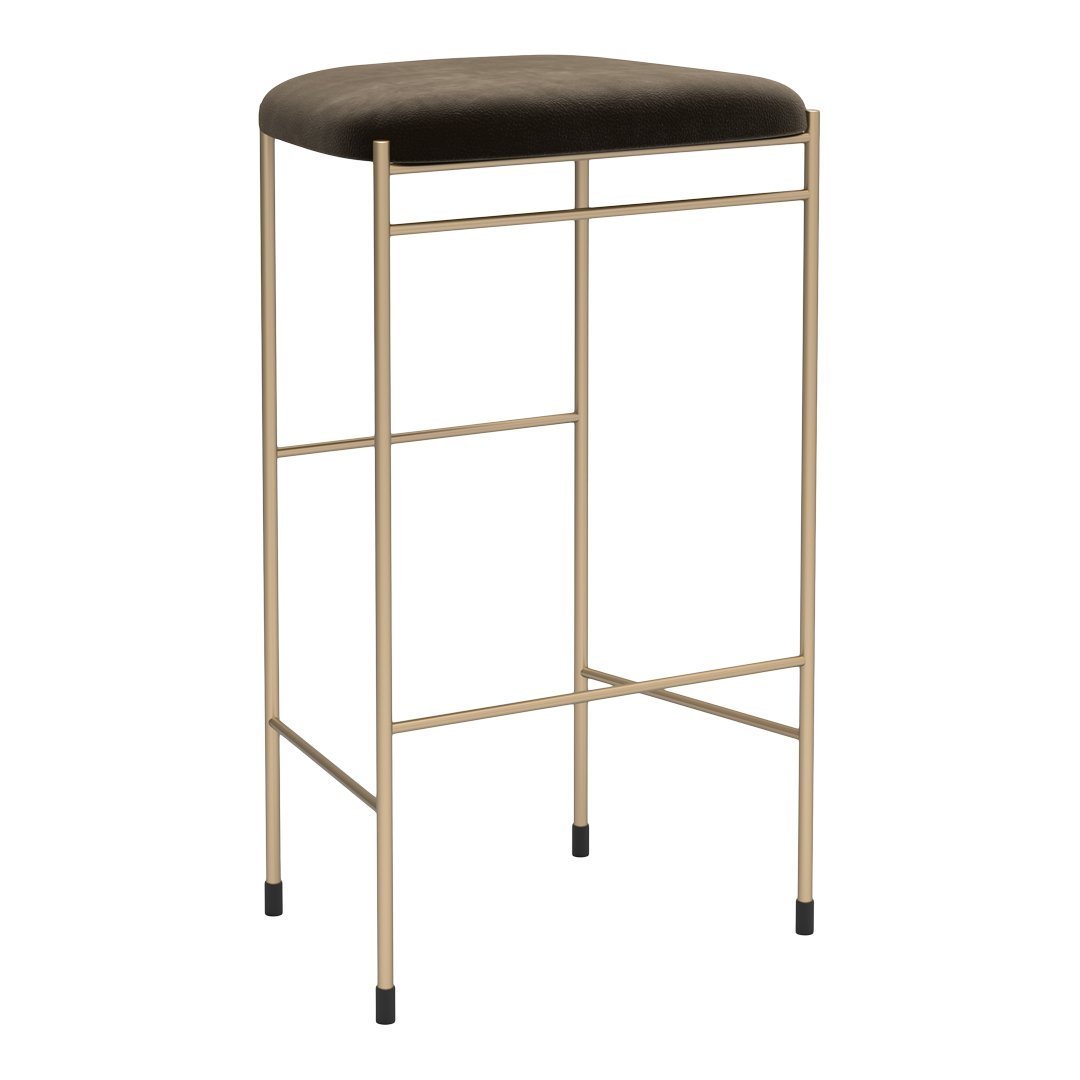 Gold metal bar stool with a plush, dark brown cushion, featuring a sleek, minimalist design.