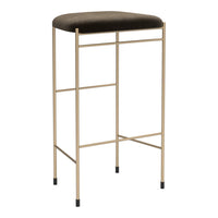 Gold metal bar stool with a plush, dark brown cushion, featuring a sleek, minimalist design.