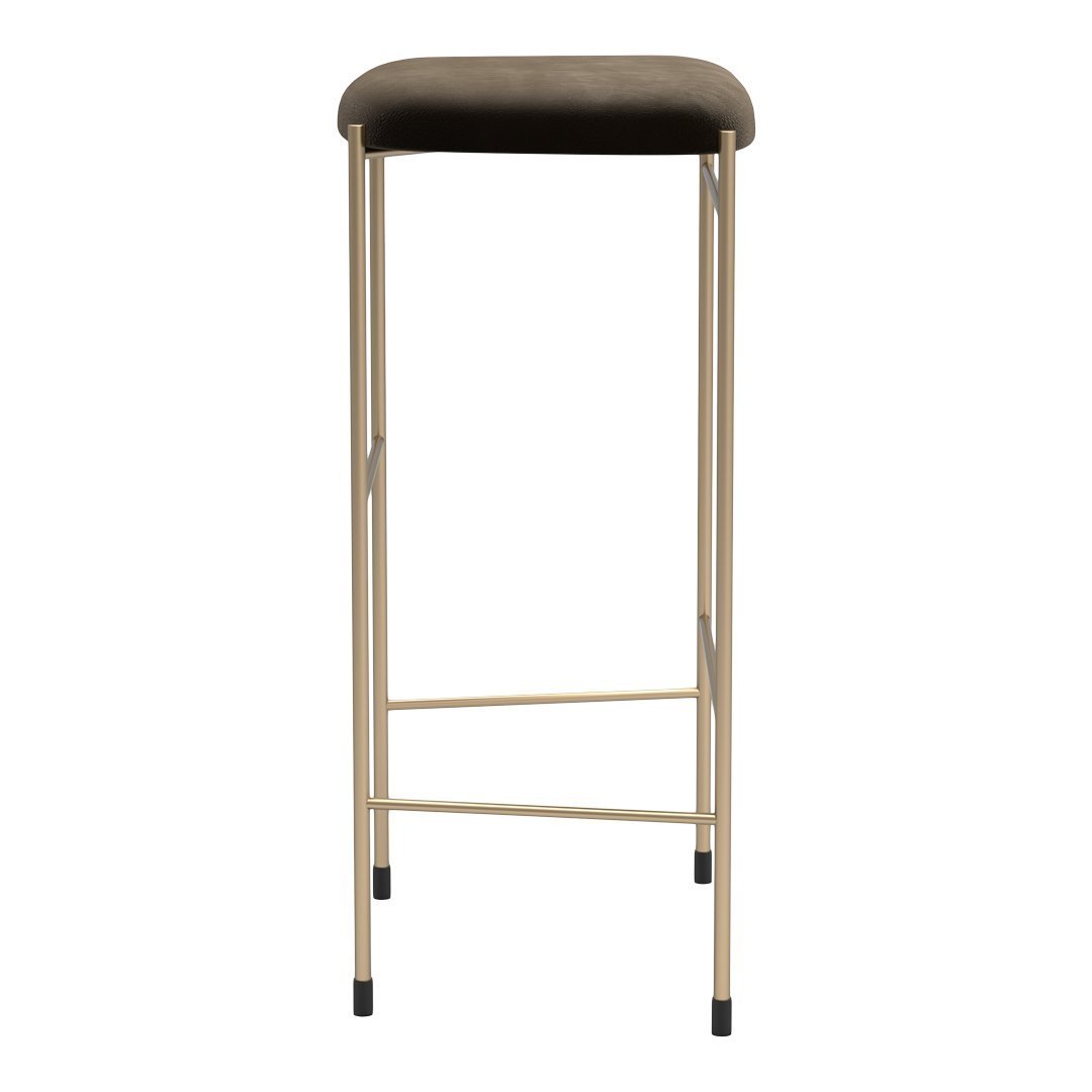 Tall bar stool with a smooth, dark brown cushioned seat and a sleek gold metal frame. Minimalist design with modern elegance.