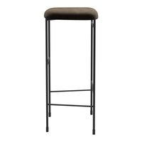 Brown upholstered bar stool with a sleek black metal frame, featuring a simple, modern design.