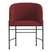 Red upholstered chair with a subtle dotted pattern and a sleek black metal frame.