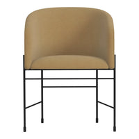 Tan upholstered chair with smooth curved back, set on a sleek black metal frame. Ideal for modern decor.