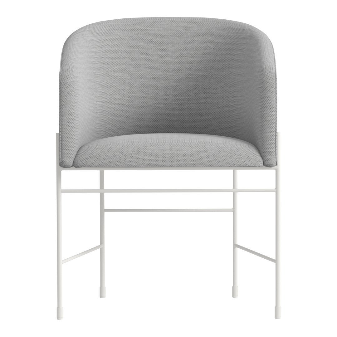 Gray upholstered chair with a smooth, contemporary design and a minimalist white metal frame.