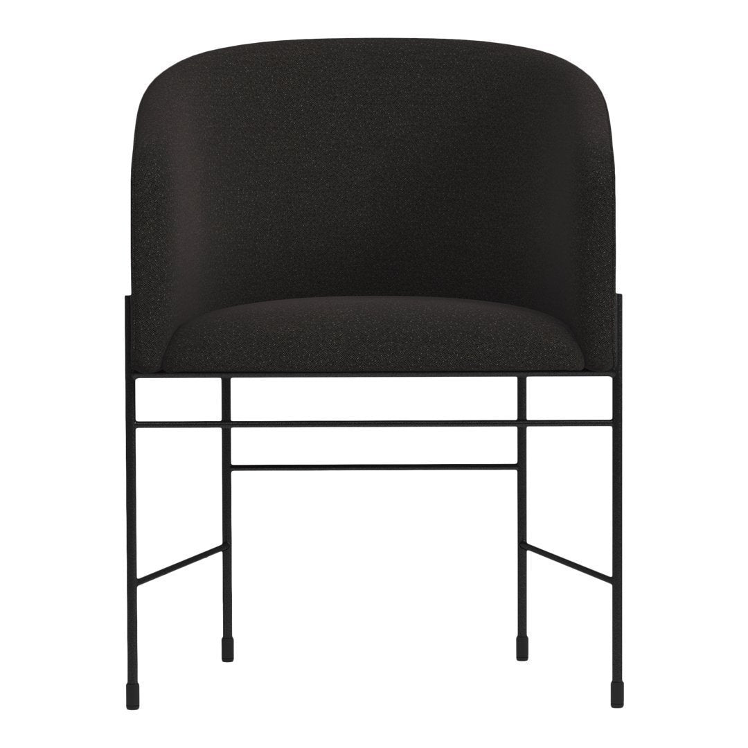 Elegant black upholstered chair with a smooth, rounded backrest and minimalist black metal frame.