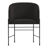 Elegant black upholstered chair with a smooth, rounded backrest and minimalist black metal frame.