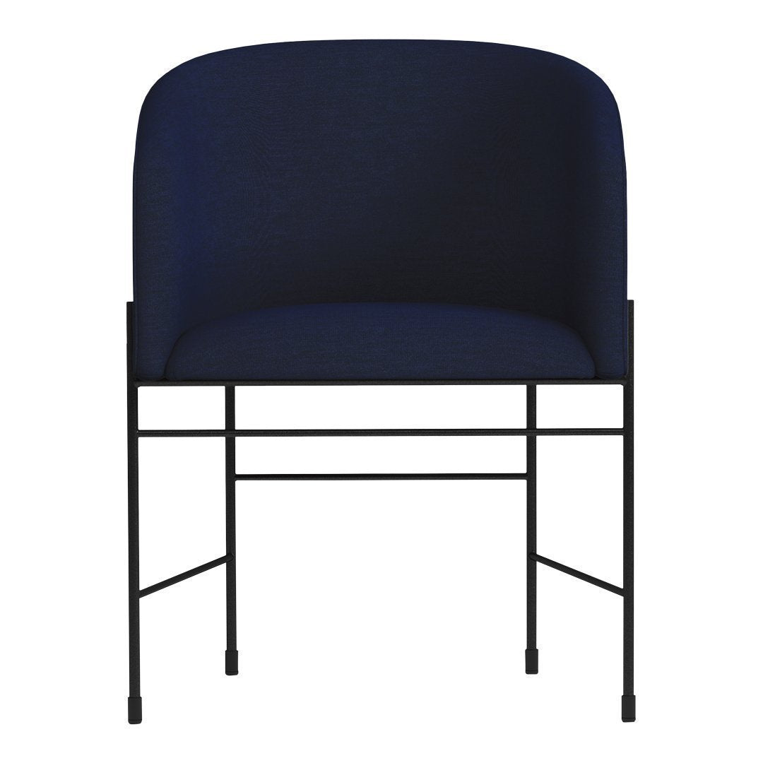 Navy blue upholstered chair with a sleek black metal frame and minimalist design.