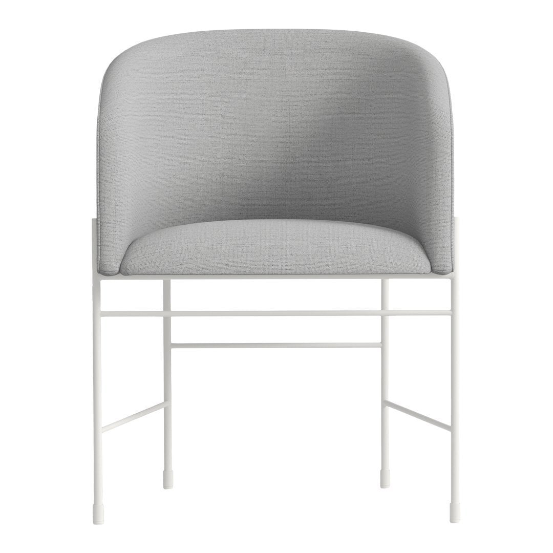 Gray upholstery with subtle texture, featuring a sleek white metal frame. Modern design for contemporary spaces.