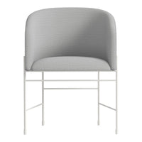 Gray upholstery with subtle texture, featuring a sleek white metal frame. Modern design for contemporary spaces.