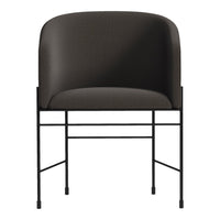 Grey upholstered chair with a sleek black metal frame, featuring a minimalist, modern design.