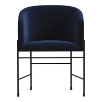 Navy blue upholstered chair with sleek black metal legs, featuring a minimalist design and curved backrest.