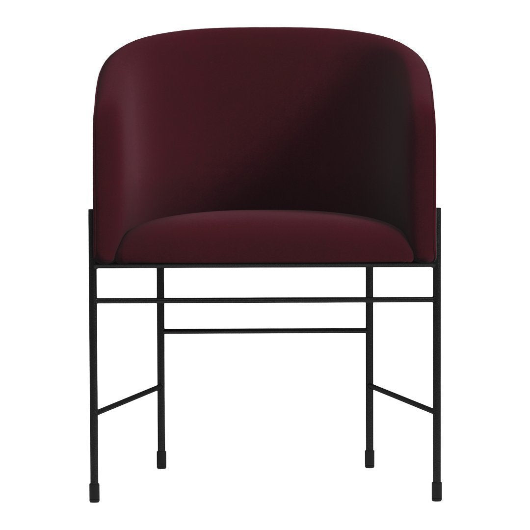 Burgundy upholstered chair with a sleek black metal frame, featuring a modern minimalist design.