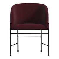 Burgundy upholstered chair with a sleek black metal frame, featuring a modern minimalist design.