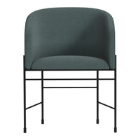 Teal curved upholstered chair with sleek black metal legs, perfect for modern decor.