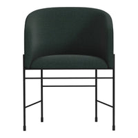 Green upholstered chair with a smooth finish and a minimalist black metal frame. Perfect for modern decor.