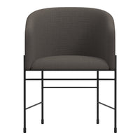 Stylish gray upholstered chair with a textured pattern and a sleek black metal frame. Perfect for modern decor.