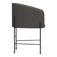 Gray upholstered chair with a sleek black metal frame, featuring a subtle woven texture.