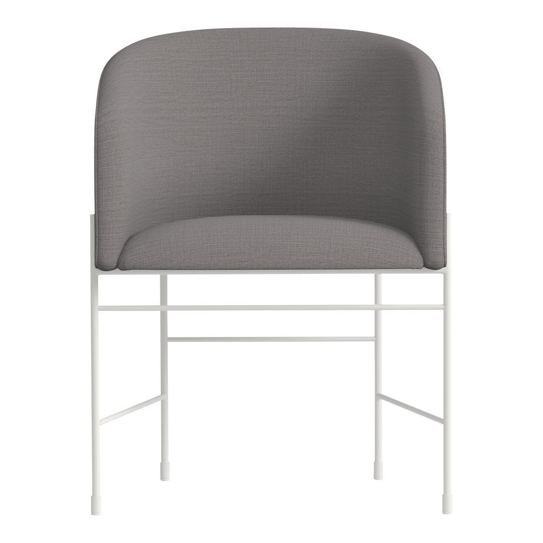 Gray upholstered chair with a smooth fabric texture and a minimalist white metal frame. Elegant and modern design.
