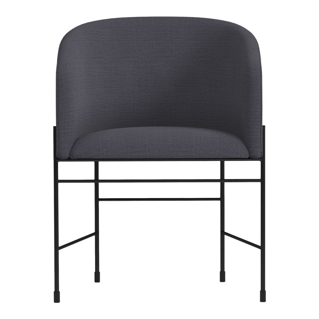 Stylish gray upholstered chair with a sleek black metal frame and minimalist design. Perfect for modern decor.