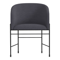Stylish gray upholstered chair with a sleek black metal frame and minimalist design. Perfect for modern decor.