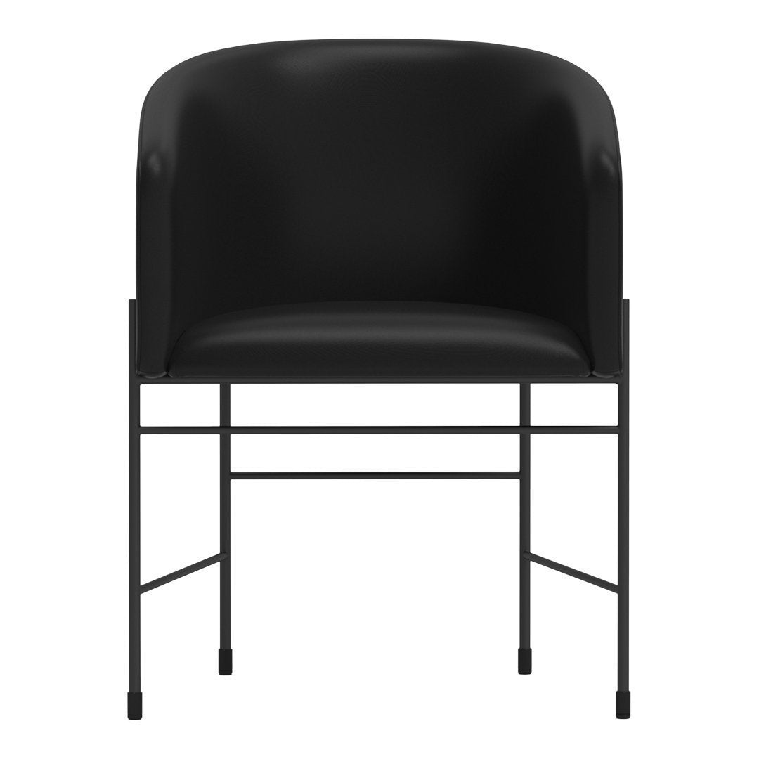 Black padded chair with a sleek metal frame, featuring a minimalist design and smooth curves. Perfect for modern decor.