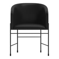 Black padded chair with a sleek metal frame, featuring a minimalist design and smooth curves. Perfect for modern decor.