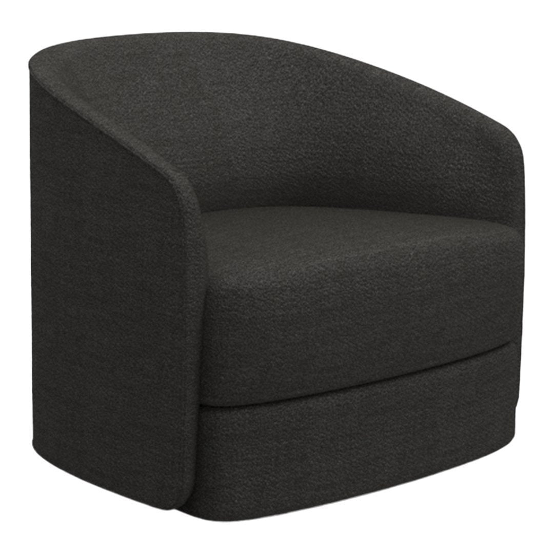 Stylish dark gray armchair with a smooth, contoured shape and minimalist design, perfect for modern decor.