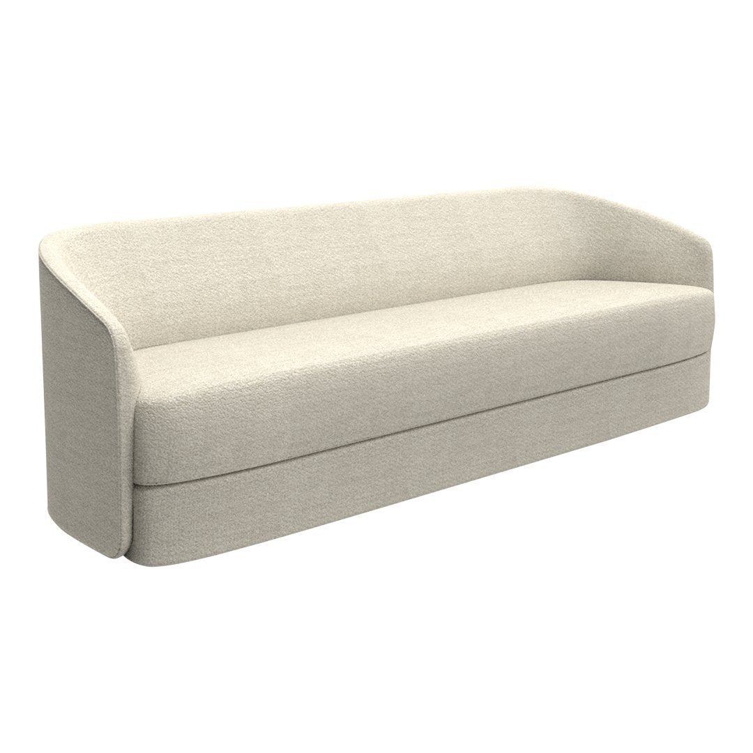 Light beige fabric sofa with a smooth, subtle texture and curved edges, perfect for modern living spaces.