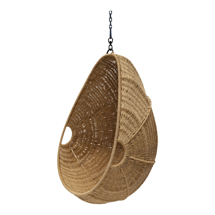 “Natural woven hanging basket in warm tan with a teardrop shape and intricate pattern, perfect for home decor.”