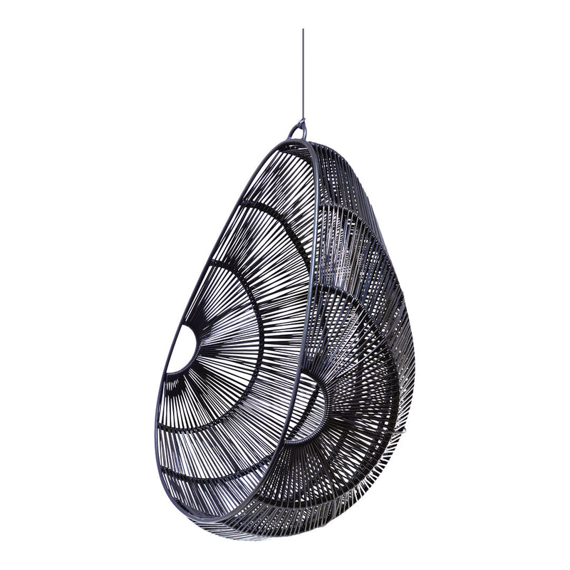Black woven hanging pendant with intricate linear patterns and a teardrop shape, perfect for modern decor.