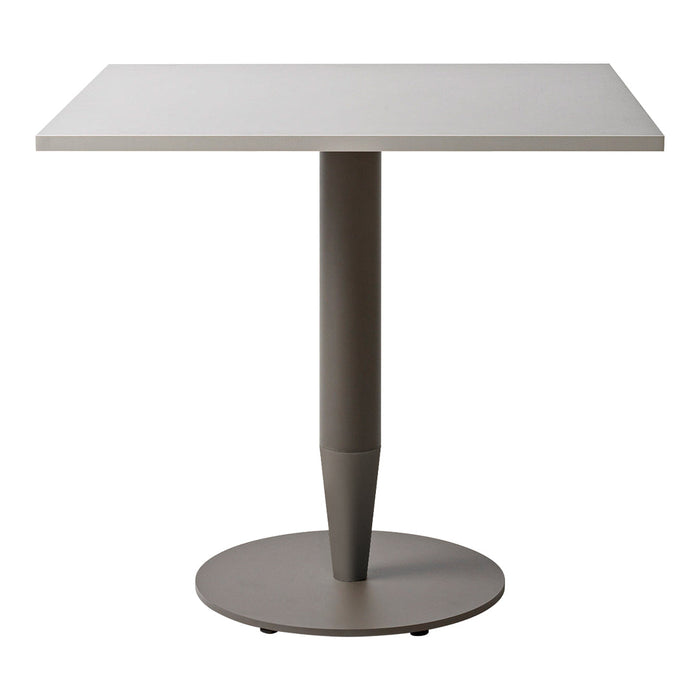 Square table with a sleek white top and a matte gray base, featuring a minimalist design. Ideal for modern decor.