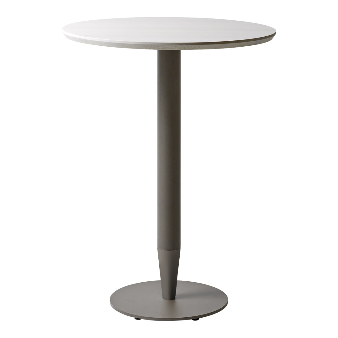 Round white tabletop with a sleek gray pedestal and base, modern design with smooth finishes. Perfect for any space.