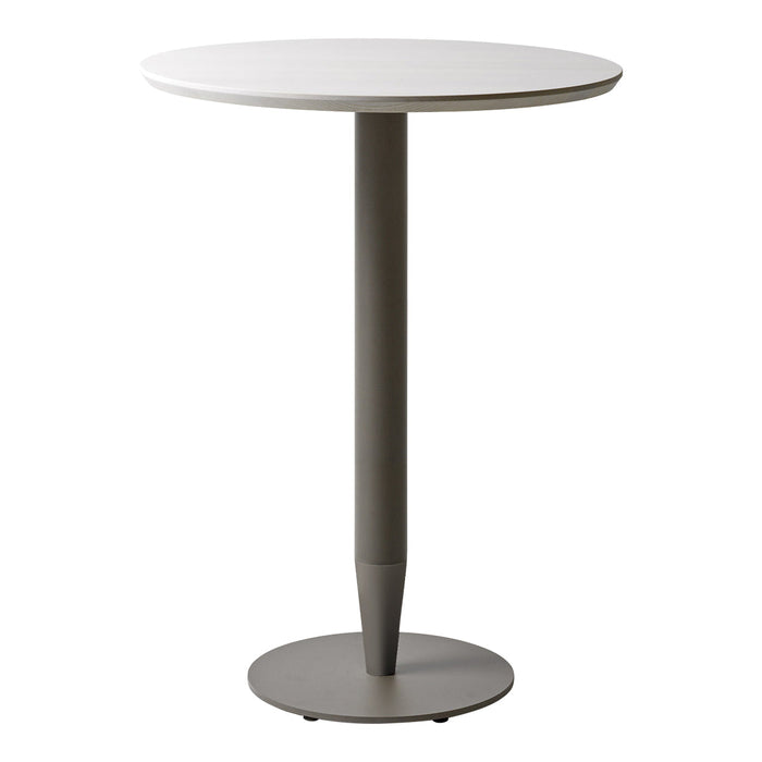 Round white tabletop with a sleek gray pedestal and base, modern design with smooth finishes. Perfect for any space.