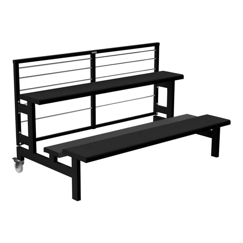Black metal bench with a sleek design featuring two seating levels and horizontal bar accents. Ideal for modern spaces.