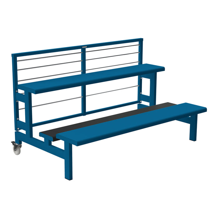 Blue metal bench with black seat, featuring a sleek design and horizontal rail patterns. Ideal for modern spaces.