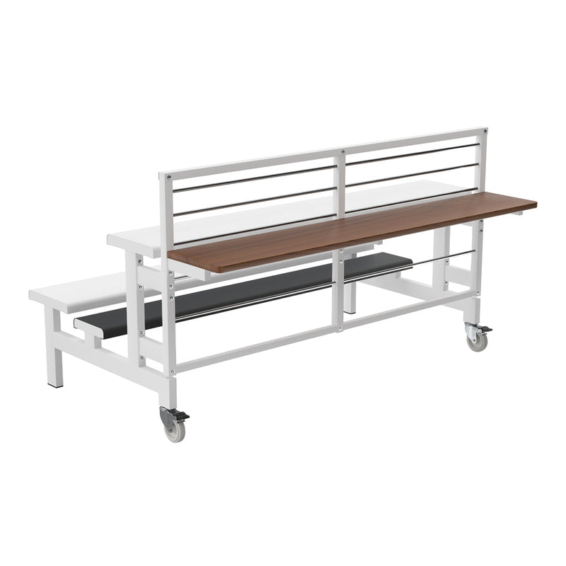 Modern white metal bench with a wooden top and sleek gray accent, featuring a minimalist design and rolling wheels.