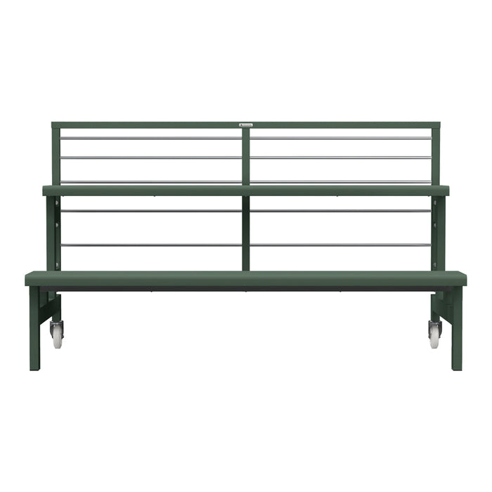 Green metal bench with a sleek, minimalist design and smooth finish, featuring clean lines and open slat pattern.