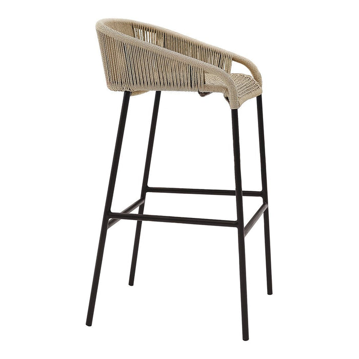Beige woven seat with black metal legs; modern design adds elegance to any space. Perfect for stylish dining areas.