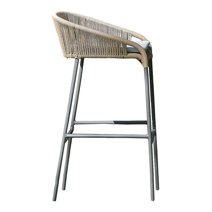 Light beige wicker back and seat with sleek metallic gray legs, showcasing a modern and minimalistic design.