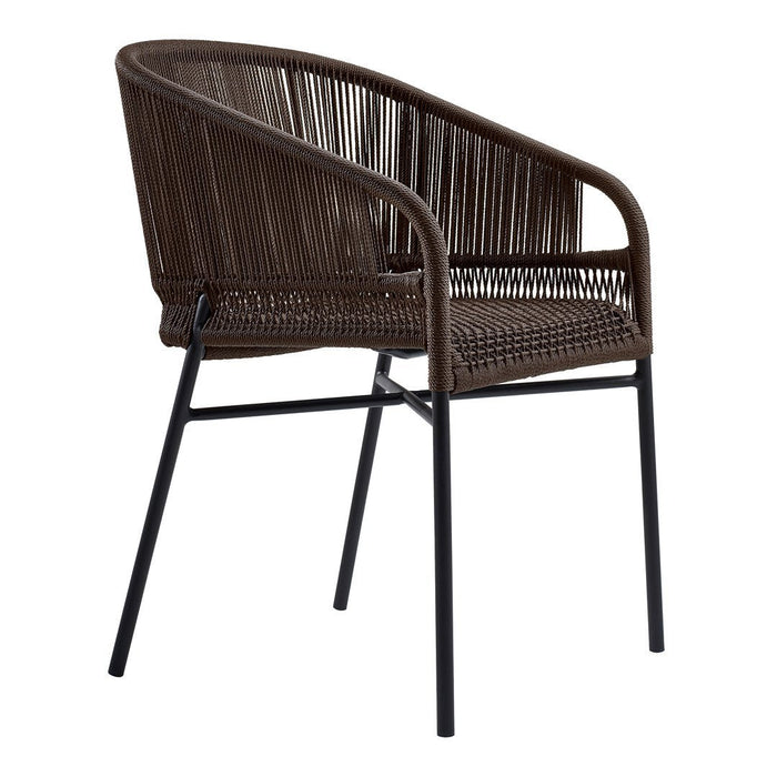 Brown woven chair with a modern aesthetic, featuring a striking black metal frame and intricate pattern design.
